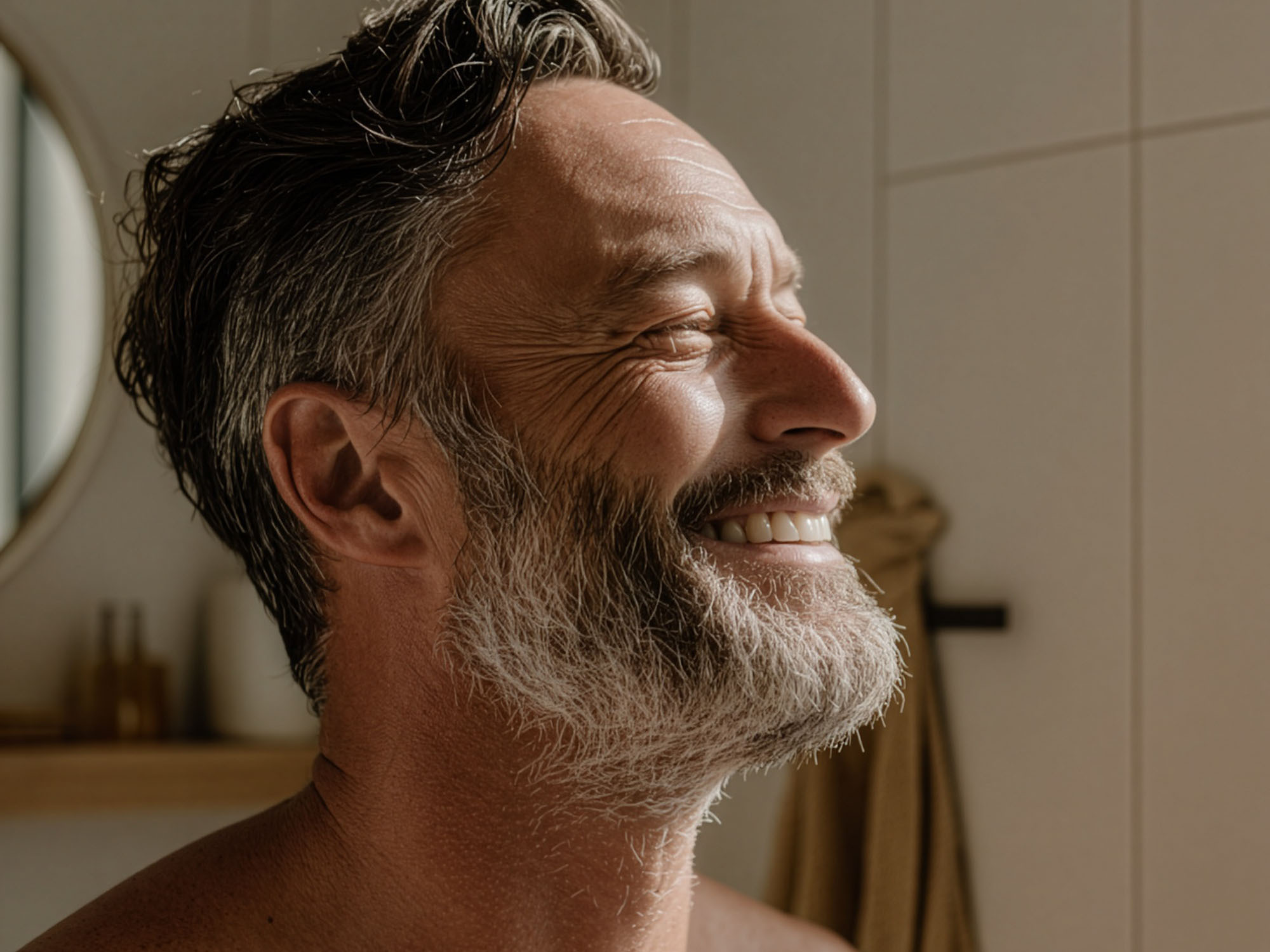 Lächelnder Mann im Badezimmerlicht